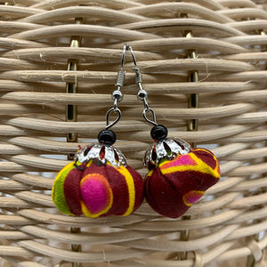 African Print Earrings W/ Beads-Puff Ball Red Variation