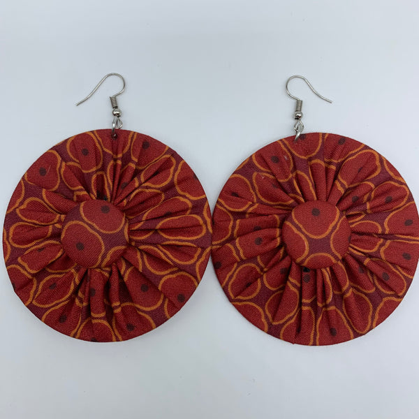 African Print Earrings-Round W/Button L Red Variation