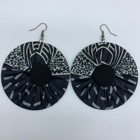 African Print Earrings-Round W/Button L Black Variation