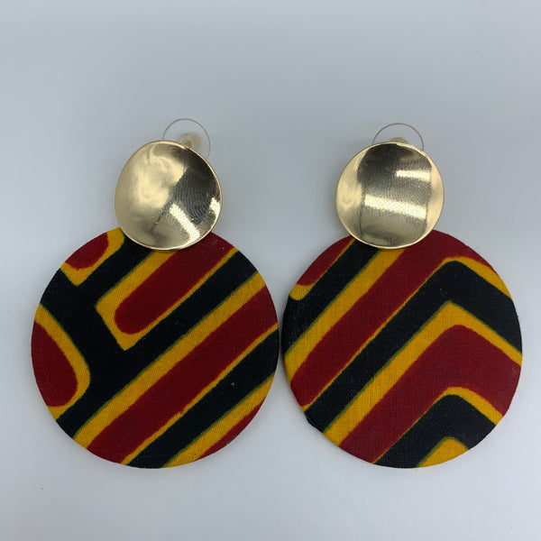 African Print Earrings-Metal Circle  Red Variation 2