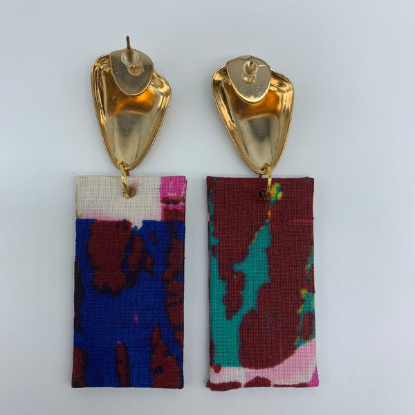 African Print Earrings-Metal Rectangle Red Variation