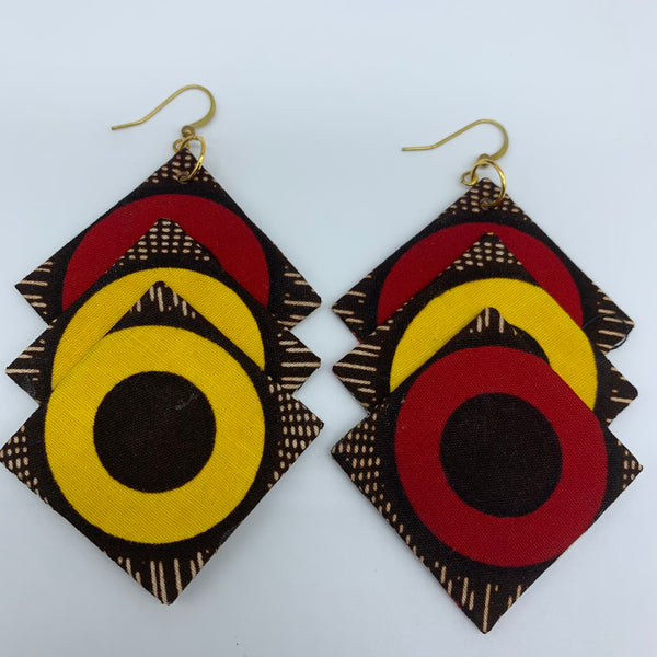 African Print Earrings-3 Squares Reversible Brown Variation 3