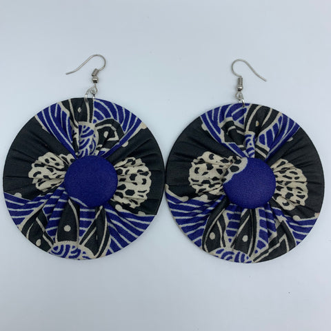 African Print Earrings-Round W/Button L Black Variation 2