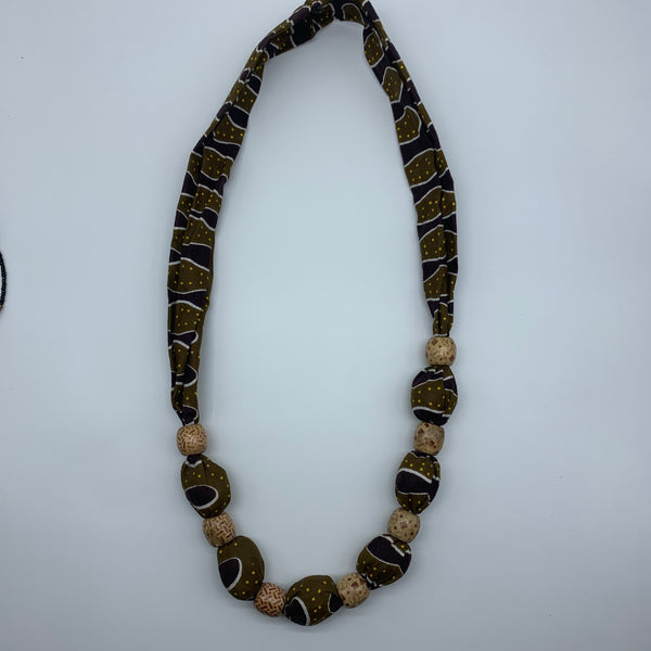 African Print Necklace W/Wooden Beads-Green Variation 2 - Lillon Boutique