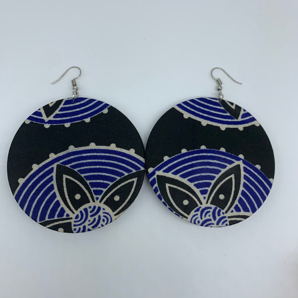 African Print Earrings-Round W/Button L Black Variation 2