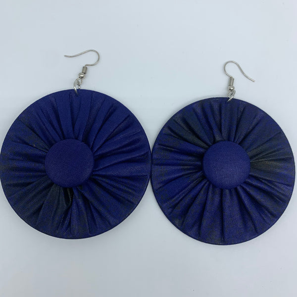 African Print Earrings-Round W/Button L Blue Variation 7