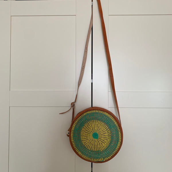 Leather W/Rattan Bag-Circle Green Variation