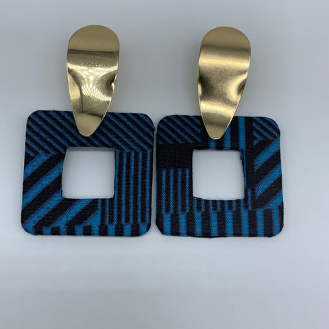 African Print Earrings-Metal Square Blue Variation