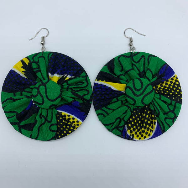 African Print Earrings-Round W/Button L Green Variation 2