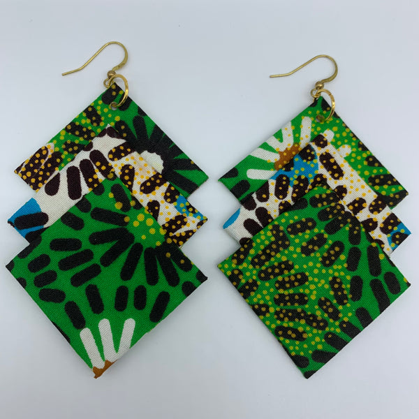 African Print Earrings-3 Squares Reversible Green Variation 3