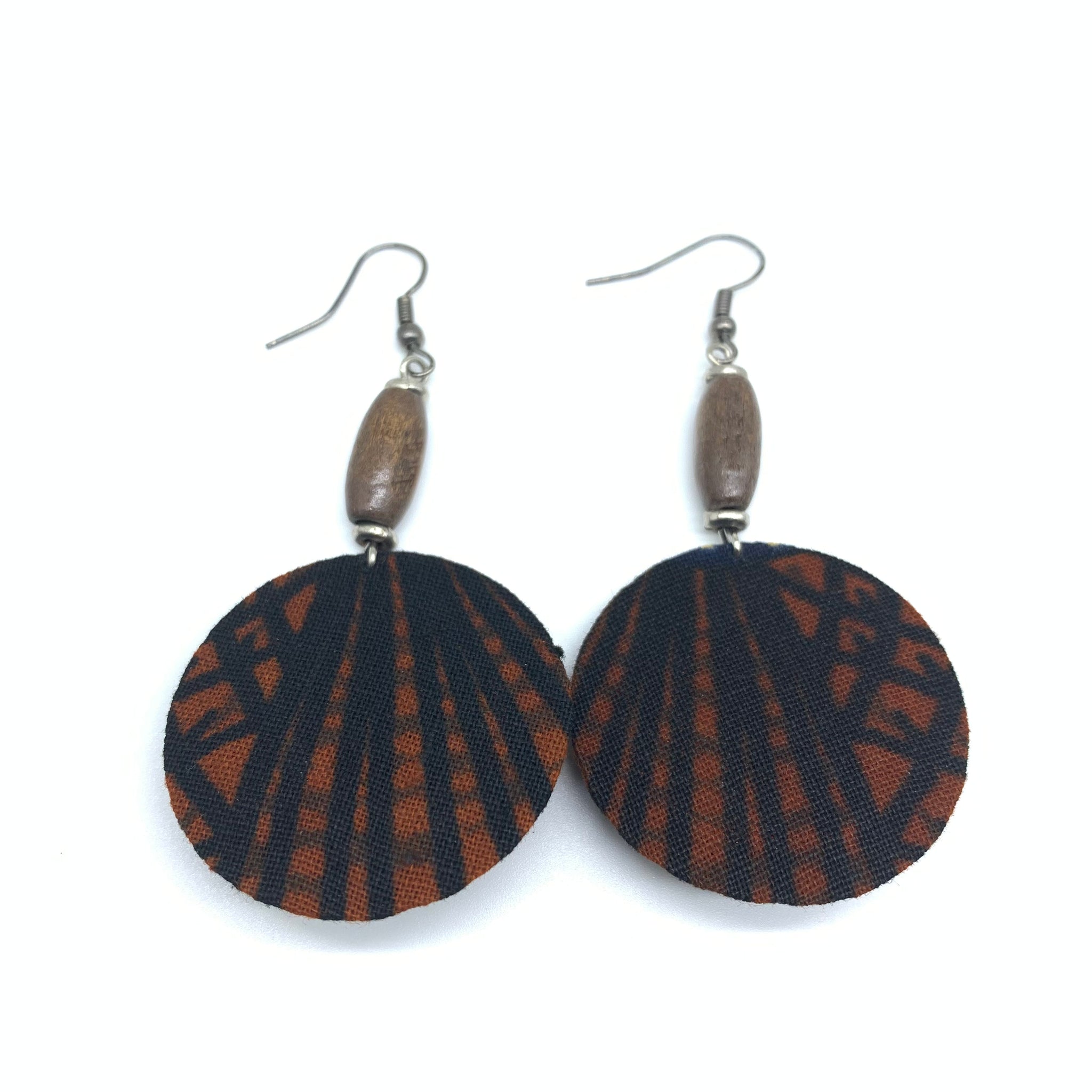 African Print Earrings W/ Beads-Round XS Brown Variation 4