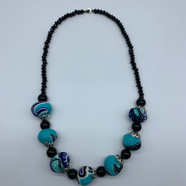 African Print Necklace W/ Beads-Blue Variation - Lillon Boutique