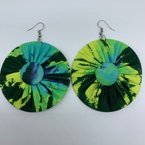 African Print Earrings-Round W/Button L Green Variation