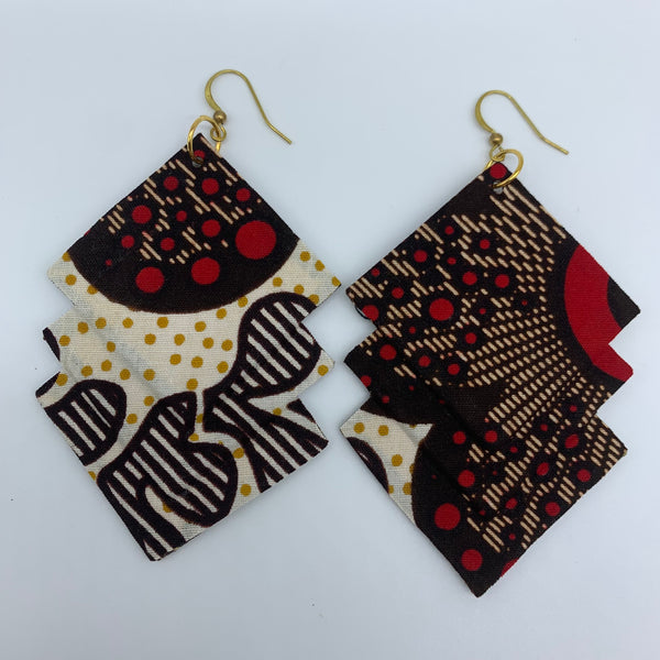 African Print Earrings-3 Squares Reversible Brown Variation 3