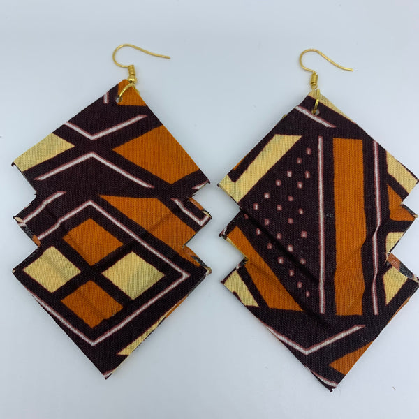 African Print Earrings-3 Squares Reversible Brown Variation