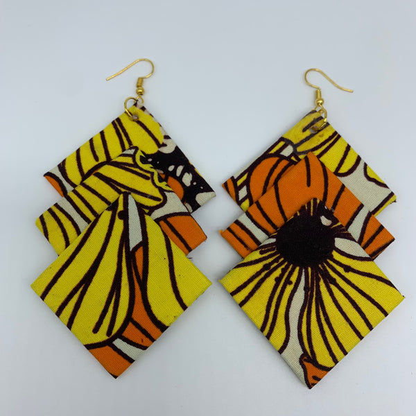 African Print Earrings-3 Squares Reversible Yellow Variation 3