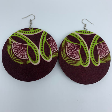 African Print Earrings-Round W/Button L Red Variation 2