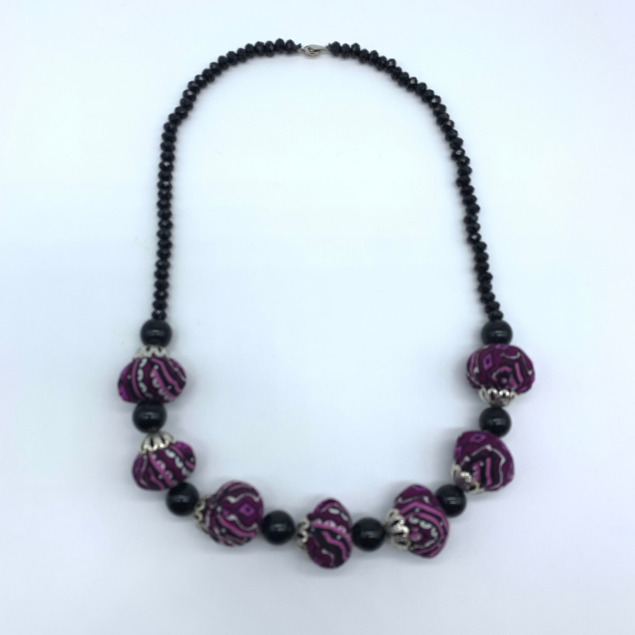 African Print Necklace W/ Beads-Purple Variation 3 - Lillon Boutique