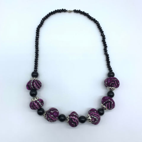 African Print Necklace W/ Beads-Purple Variation 3 - Lillon Boutique