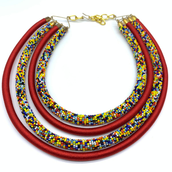 Beaded Thread Multi Strands Bangle Necklace-Red Variation
