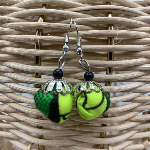 African Print Earrings W/ Beads-Puff Ball Green Variation 2