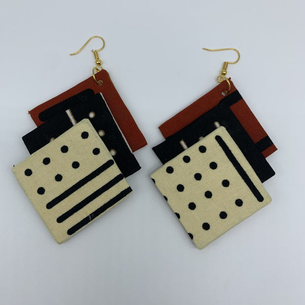 African Print Earrings-3 Squares Reversible Off White Variation