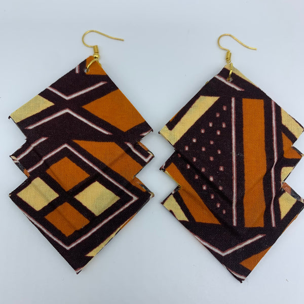African Print Earrings-3 Squares Reversible Orange Variation 2