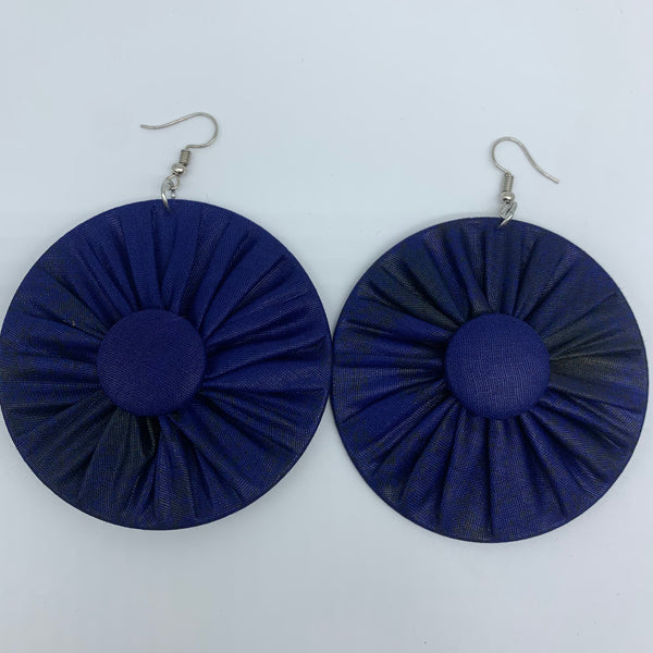 African Print Earrings-Round W/Button L Blue Variation 7