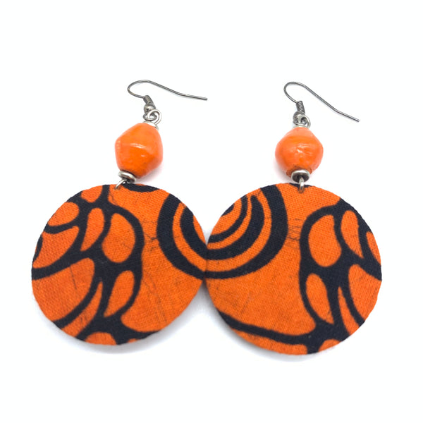 African Print Earrings W/ Beads-Round XS Orange Variation 4