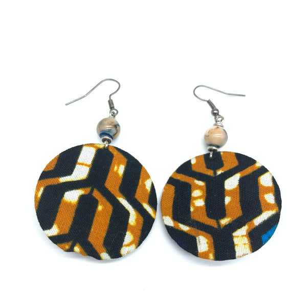 African Print Earrings W/ Beads-Round XS Brown Variation