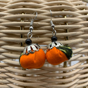 African Print Earrings W/Beads-Puff Ball Orange Variation 3