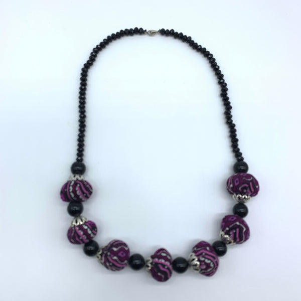 African Print Necklace W/ Beads-Purple Variation 3 - Lillon Boutique