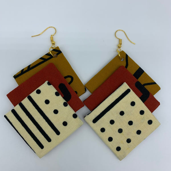 African Print Earrings-3 Squares Reversible Off White Variation 3