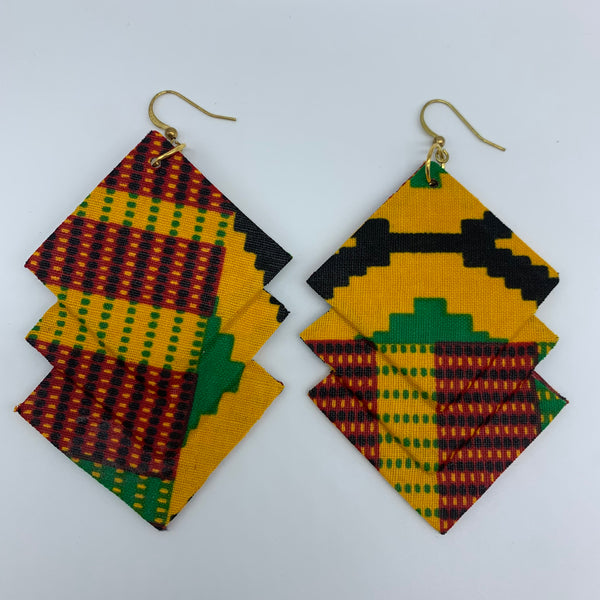 African Print Earrings-3 Squares Reversible Orange Variation 5