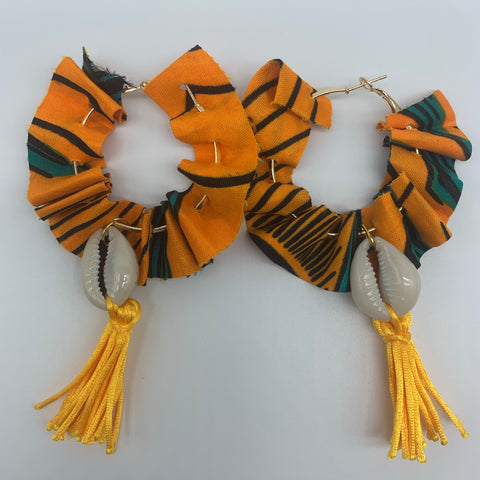 African Print W/Shell Earrings-Ruffle Hoops Orange Variation - Lillon Boutique
