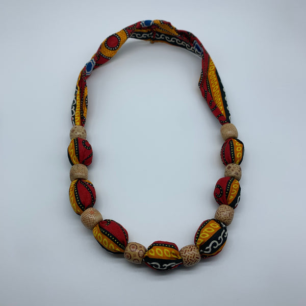 African Print Necklace W/Wooden Beads-Red Variation - Lillon Boutique